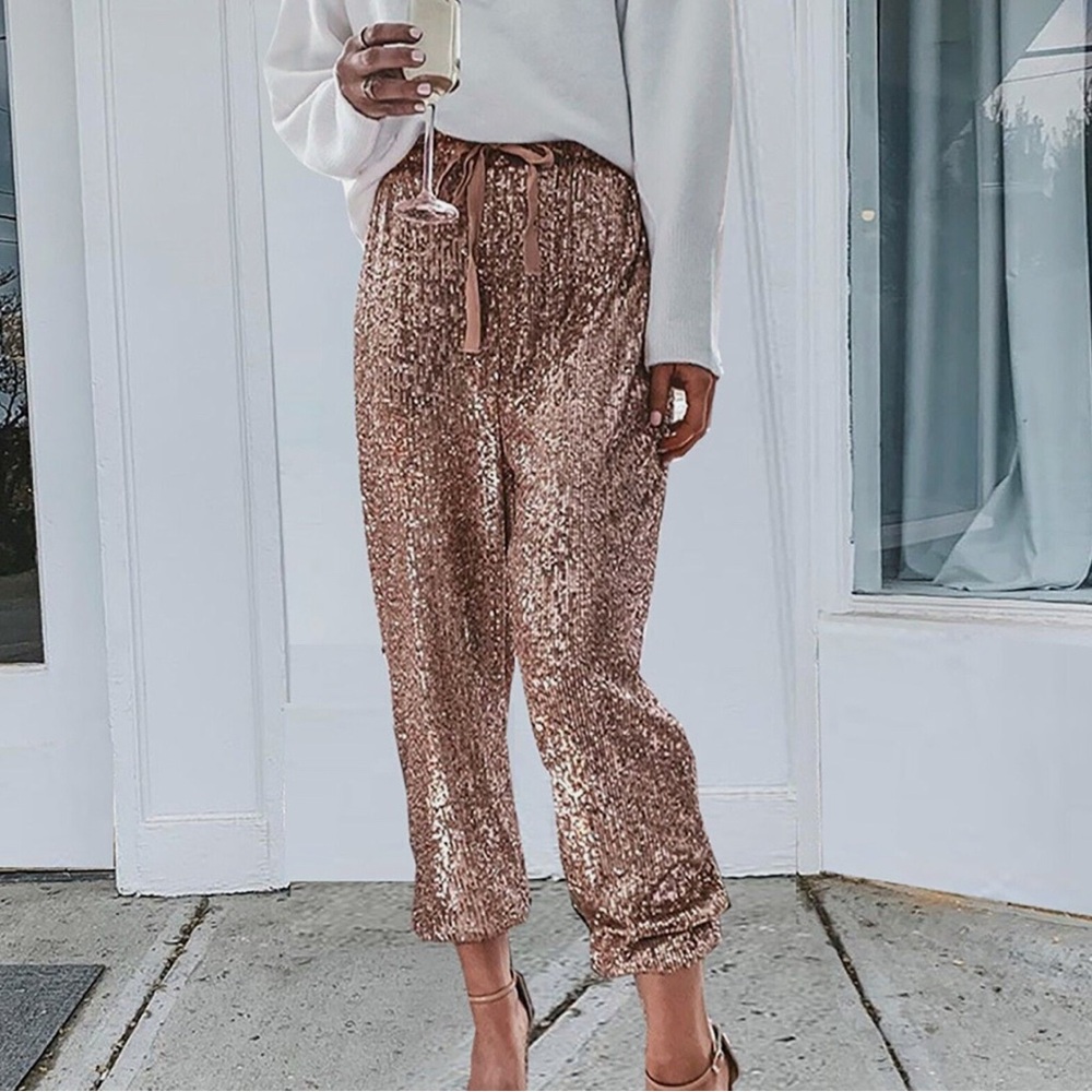 Gibson Sparkling Sequin Joggers in Rose Gold